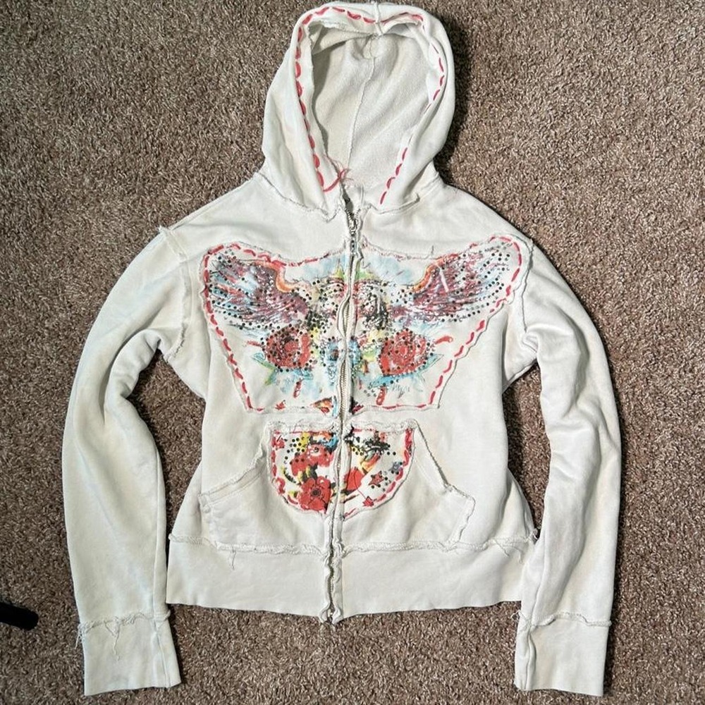 Feng Ti White Skull Angel Embellished Zip Up Hoodie Y2K Rhinestone Gothic Small